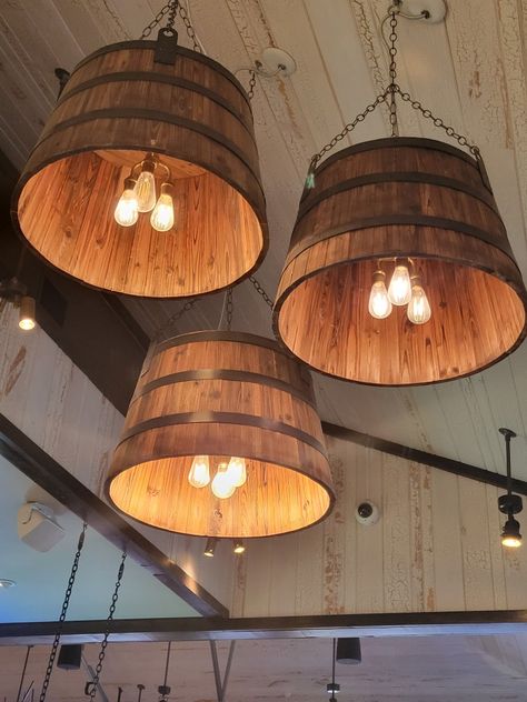 Whiskey Barrel Lights, Rustic Bar Lighting, Whiskey Barrel Ideas, Barrel Lights, Wine Barrel Lighting, Nautical Backdrop, Outside Lighting Ideas, Barrel Lamp, Whiskey Barrel Bar