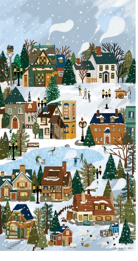 Christmas Village Scene Illustration, Snowy Village Illustration, Winter Scene Wallpaper, Christmas Village Painting On Canvas, Winter Town Illustration, Little Christmas Village, Winter Village Aesthetic, Winter Village Illustration, Winter Illustration Wallpaper