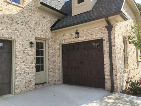 Achieving French provincial with brick, mortar and a little panache Country Garage Doors, Country Garage, Brown Brick Houses, Exterior House Colors With Brick, House Colors With Brick, Painted Brick Exteriors, French Provincial Home, French Country Exterior, Provincial Home