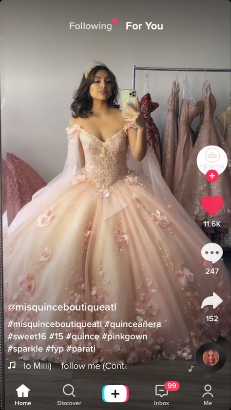 Quincenera Princess Dress, Pink Off The Shoulder Quince Dress, Pink Quince Dresses Elegant, Pink And White 15 Dress, Butterfly Pink Quinceanera, Quince Dresses Color Ideas, Moda Quince Dresses, Champagne Pink Sweet 16 Dresses, Quince Dress With Gloves