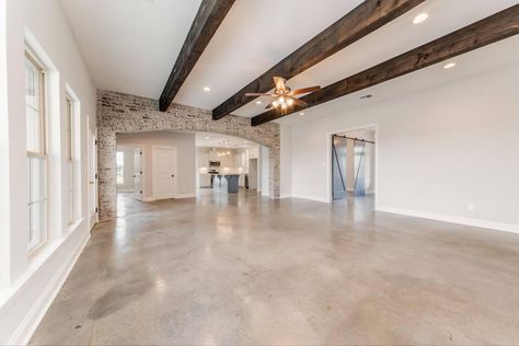 Concrete Floors Living Room, Concrete Floors In House, Acid Stained Concrete Floors, Concrete Stain Patio, Barndominium Interior, Metal Building House Plans, Barn House Interior, Interior Floor Plan, Concrete Stained Floors