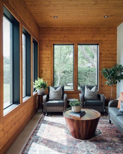 Sunroom Wood Paneling, Wood Sunroom Ideas, Wood Cabin Ceiling, Pine Cabin Interior Wood Walls, Knotty Pine Sunroom, Natural Pine Walls, Sunroom Wood Ceiling, Cedar Sunroom Ideas, Pine Siding Interior Walls