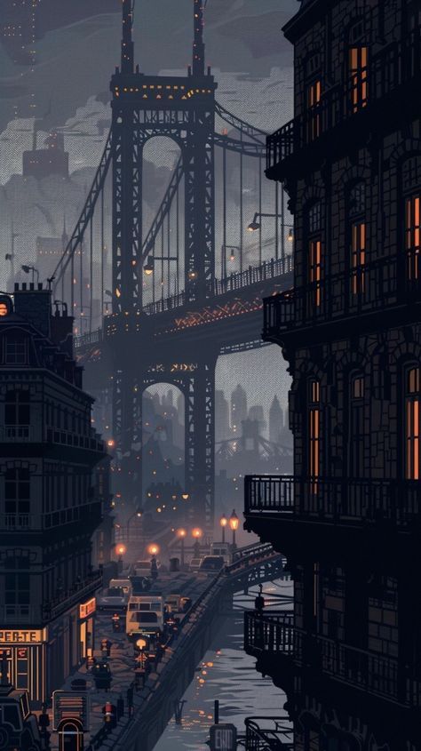 Old Places Aesthetic, Old City Aesthetic Dark, Street Night Wallpaper, Steampunk Astethic, Pixel Art Iphone Wallpaper, Steampunk Aesthetic Wallpaper, Decopunk City, Bridges Aesthetic, Steampunk Aesthetic Dark