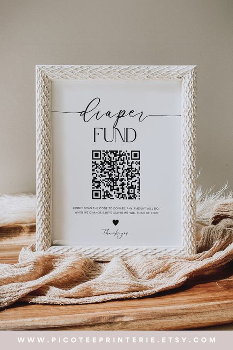 Make gifting diapers a breeze with our Diaper Fund Sign featuring a QR code. Customize the template with your own QR code and allow your guests to scan and donate any amount they choose. This modern minimalist, gender-neutral design is perfect for any baby shower theme. The simple black and white color scheme adds a touch of elegance to your celebration. Our editable and printable template makes it easy for you to personalize. Check out our matching stationery and decor in our shop! Baby Shower Decorations Gender Neutral, Nuetral Baby Shower Ideas, Neutral Gender Baby Shower Ideas, First Baby Shower Ideas, Diapers And Wipes Baby Shower Ideas, Baby Shower Open House Ideas, Simple Gender Neutral Baby Shower Ideas, Minimalist Baby Shower Decor, Simple Baby Shower Ideas At Home