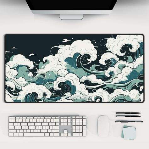 Aesthetic Cloud Desk Mat | Sage Green and Blue Design, Japanese-Inspired Cloud Mousepad, Artistic Stylish Desk Pad, Office or Gaming Decor by techflower on Etsy Mousepad Design Ideas, Sage Green Desk, Cloud Desk, Sage Green And Blue, Mousepad Design, Aesthetic Japanese, Green Desk, Stylish Desk, Gaming Decor