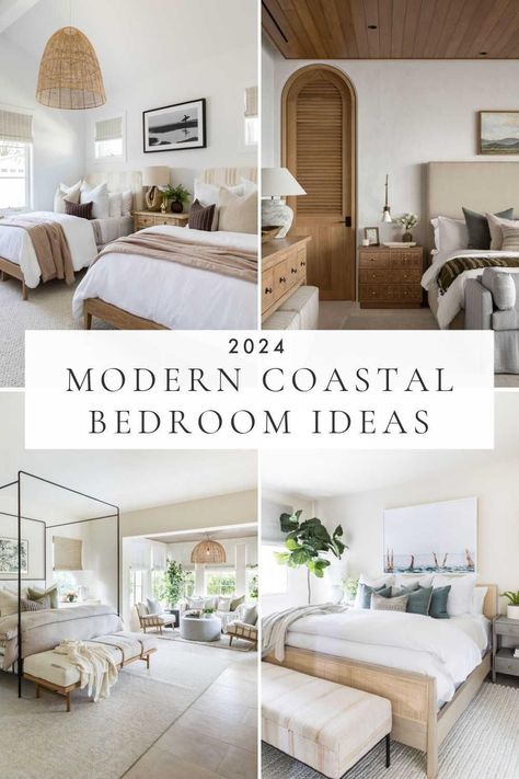 Modern coastal bedroom ideas and trends for 2024, with designer inspiration and tips to help you bring a beautiful touch of modern organic, beach house, and coastal grandmother style to your master bedroom, small bedroom, or guest bedrooms Modern Coastal Transitional, Modern Coastal Beds, Coastal Cottage Guest Bedroom, California Casual Decor Master Bedrooms, Organic Modern Coastal Bedroom, Master Bed Styling Bedroom Ideas, Modern Lake House Decor Bedroom, Modern Master Bed Design, Modern Costal Bedroom Design