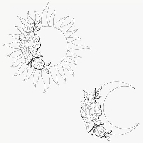 floral sun and moon Sun And Moon Tattoo Elegant, Floral Sun And Moon Tattoo Matching, Sun And Moon Flower Tattoo Matching, Matching Tattoos Floral, Sun And Moon Mother Daughter Tattoo, Sun And Flowers Drawing, Sun Floral Tattoo, Sun And Moon Hip Tattoo, Sun And Moon Tattoos Matching