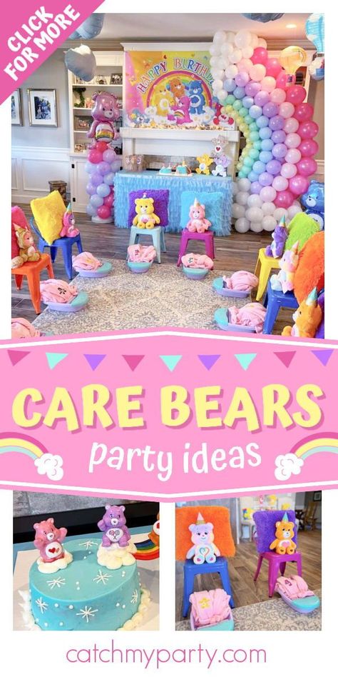 Check out this cute Care Bears birthday party! The spa party activity is adorable! See more party ideas and share yours at CatchMyParty.com Care Bear Party Food, Care Bears Baby Shower Theme, Care Bear Birthday Party Ideas, Care Bear Birthday Party, Birthday Care Bear, Spa Party Activities, Care Bears Party, Bears Birthday Party, Cute Care Bears