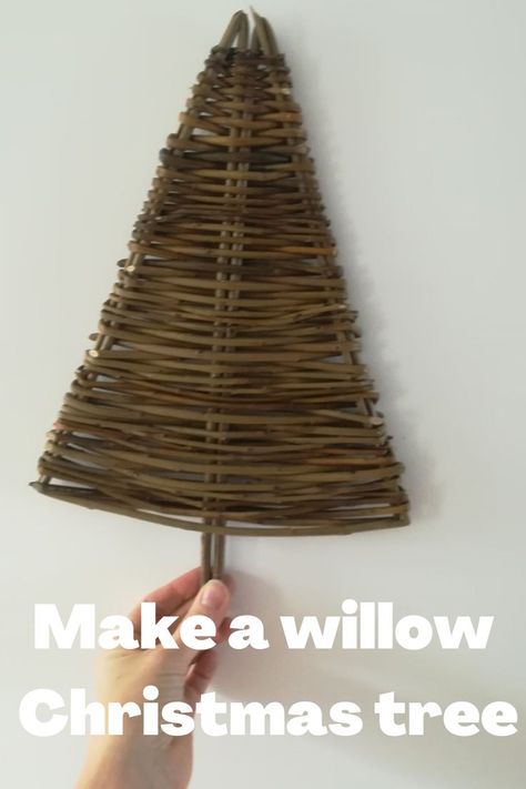 Here is an overview of how to make a willow Christmas tree decoration for your wall, window, table or mantle. 
This is a simple and fun project for beginners to willow weaving. 
To make this you will need around 5' brown or green willow rods (brown rods will need soaking) a pair of sharp secateurs and some sting to hold the shape of the frame. 
I have small bundles of willow available in my Etsy shop which are great for a variety of Christmas crafts. Willow Christmas Decorations, Willow Christmas Tree, Diy Willow Wreath, Willow Weaving Projects, Willow Wreaths Christmas, Christmas Willow Wreath, Willow Weaving Beginners, Christmas Willow Weaving, Simple Willow Weaving