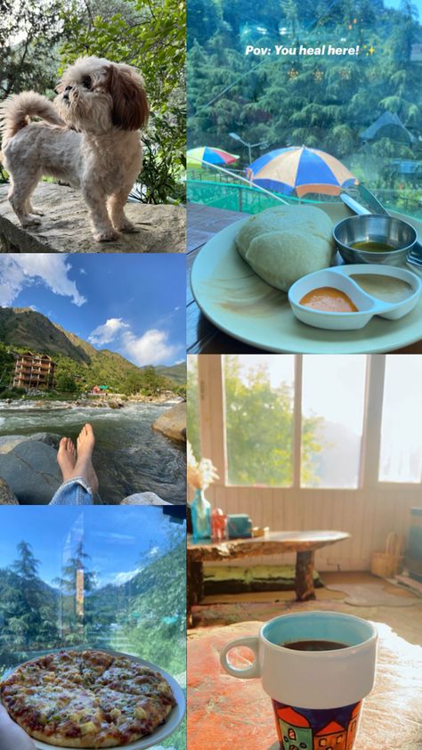 Himachal trip, pizza with view, mountains, trip, coffee, hot chocolate, cute dog, Instagram story idea, photography, nature photography Weekend Getaway Aesthetic, Getaway Aesthetic, Layout For Instagram, Aesthetic Layout, Instagram Layout, Beautiful View, Weekend Getaway, Weekend Getaways, Beautiful Views