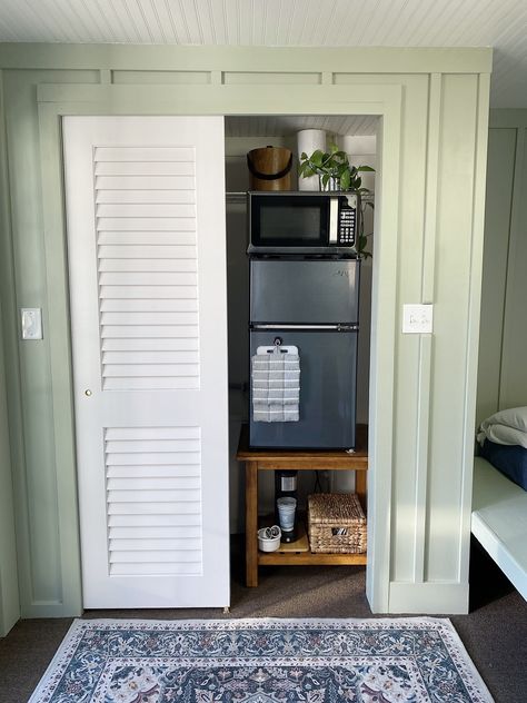 Mini Kitchen in a Closet – One Room Challenge Week #7 | Kitchen In Closet Small Spaces, Mini Kitchen In Closet, Mini Kitchen In Bedroom Ideas, Kitchenette In Closet, Mini Kitchenette Ideas, Mini Fridge In Closet, Fridge In Closet, Kitchenette In Bedroom, Kitchenette No Sink