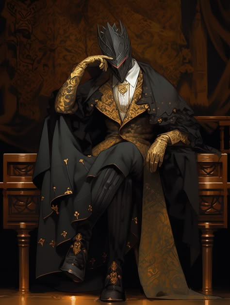 Villain Character Poses, Villain Sitting Pose, Black And Gold Character Design, Sit On Throne, Fantasy Villain Art, Jonathan Wolstenholme, Dark Villian, Gold Character Design, Villain Design Concept Art