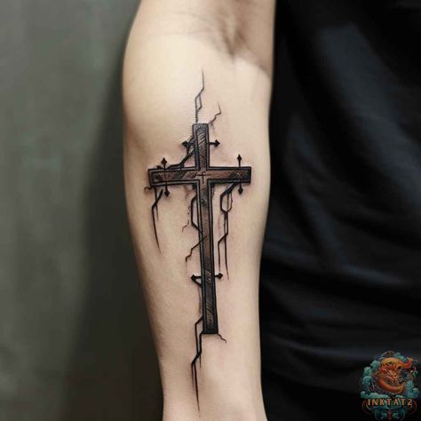 The Meanings & Symbolism Behind Wooden Cross Tattoos – 39 Designs - inktat2.com Colby Tattoo, Celtic Cross Tattoo For Men, Cross Necklace Tattoo, Wooden Cross Tattoos, Back Cross Tattoos, Cool Cross Tattoos, Upper Shoulder Tattoo, Unique Christian Tattoos, Simple Cross Tattoo