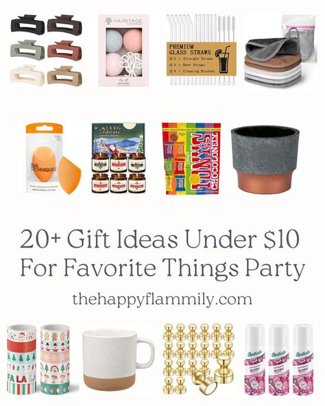 Flat lay of budget-friendly gift ideas under $10, including cozy socks, scented candles, mini journals, and gourmet treats—perfect for favorite things gift exchanges. New Year Eve Gift Ideas, 70s Gift Ideas, Girls Favorite Things Party, Favorite Things Christmas Gift Ideas, Favourite Things Party Gift Ideas, Favorite Things Party Gift Ideas Under $5, What To Bring To A Favorite Things Party, Favorite Things Gift Exchange Ideas, Best Favorite Things Party Gifts