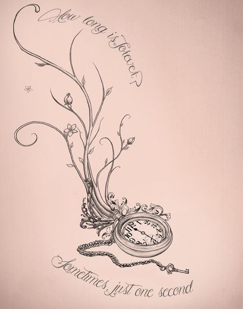 How long is forever? How Long Is Forever Tattoo, Alice In Wonderland Spine Tattoo, How Long Is Forever Alice, Alice In Wonderland Tattoo Thigh, Fairytale Sleeve Tattoo, Alice In Wonderland Tattoo Ideas Sketches, Fairytale Tattoo Ideas, Pocket Watch Tattoo Design, Alice In Wonderland Tattoo