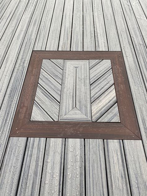 Trex Transcend inlay Island Mist framed in Larva Rock Deck Inlay Designs, Decking Patterns, Composite Decking Designs, Deck Patterns, Trex Composite Decking, Composite Decks, Trex Decking, Trex Transcend, Wooden Garden Gate