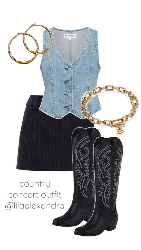 I love this denim vest from Aritzia, styling it with black cowgirl boots and a pinstripe skirt is the ultimate country concert night outlook. Vest With Skirt, Black Cowgirl Boots, Pinstripe Skirt, Tyler Childers, Country Concert Outfits, Country Outfit, Western Fits, Skirt And Boots, Black Cowgirl