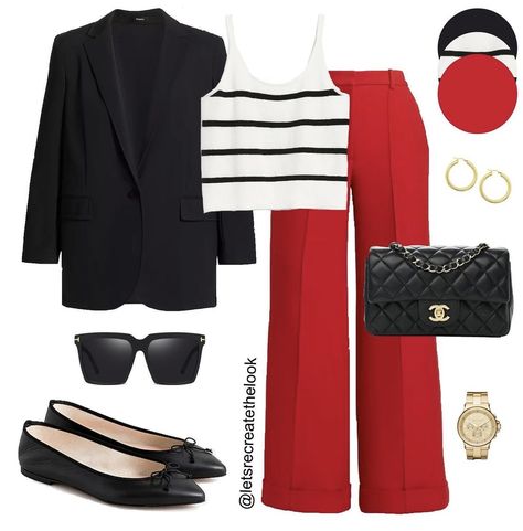 Red Cullotes Outfit Casual, Black White And Red Outfits Classy, Black Outfit With Red Accessories, White And Red Outfits For Women, Red Trouser Outfit Women, Black Elegant Pants Outfit, How To Wear Red Pants, Pantalon Rojo Outfit, Office Party Outfits Women