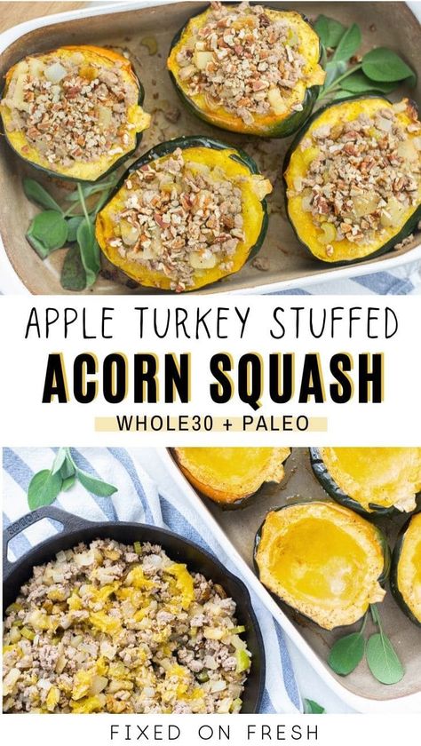 Turkey Stuffed Acorn Squash, Cook Acorn Squash, Paleo Acorn Squash, Paleo Stuffing, Apple Turkey, Roasted Acorn Squash, Arbonne Recipes, Stuffed Acorn Squash, Acorn Squash Recipes