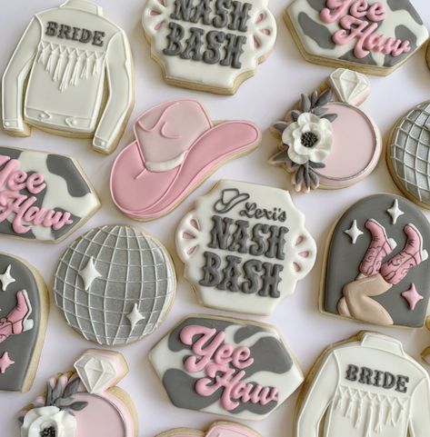 Cowboy Themed Bachelorette Party Outfits, Nashville Bachelorette Party Cookies, Shania Twain Cookies, Disco Cowgirl Party Cookies, Disco Cowgirl Bachelorette Cake, Nashville Bachelorette Cookies Decorated, Cowgirl Brunch Theme, Cowgirl Disco Cookies, Cowgirl Birthday Gifts