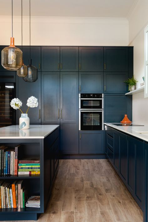 Dark Blue Kitchen Cabinets, Dark Blue Kitchen, Blue Gray Kitchen Cabinets, Dark Blue Kitchens, Grey Blue Kitchen, Glass Lamp Shades, Blue Kitchen Cabinets, Shaker Style Kitchens, Rustic Kitchen Design