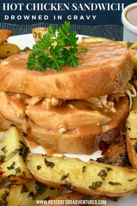 Hot Chicken Sandwich Recipe - A Classic Canadian recipe inspired by Swiss Chalet, shredded rotisserie chicken smothered in gravy. Chicken Gravy Sandwich, Hot Chicken Sandwiches Gravy, Chicken Filet Sandwich, Chicken Bacon Swiss Sandwich, Open Faced Sandwich Recipes, Mesquite Chicken Sandwich, Canadian Cuisine, Hot Chicken Sandwiches, Chicken Sandwich Recipes