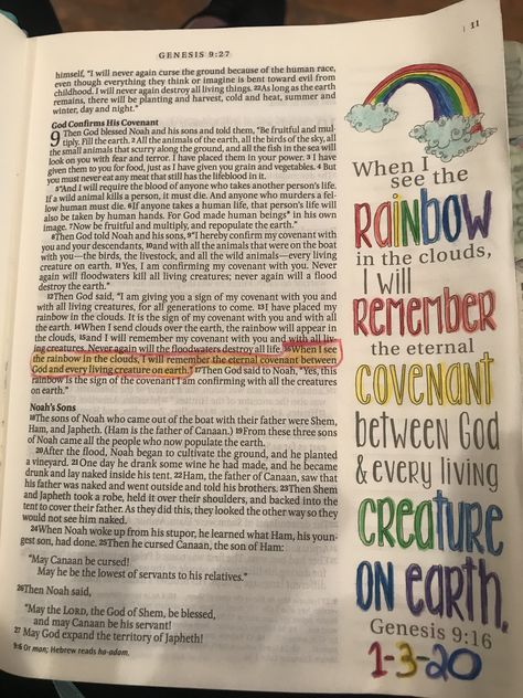 Genesis 9:16 Rainbows, Genesis Bible Drawing, Rainbow Bible Journaling, Bible Journaling Genesis Ideas, Genesis 1:27 Bible Journaling, Bible Verse Genesis, Genesis 5 Bible Journaling, Genesis 7 Bible Journaling, Genesis 9 Bible Journaling