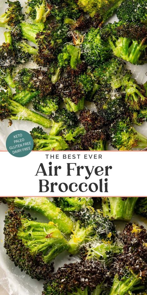 This air fryer broccoli is simply the best! Using a special but easy method to get the broccoli tender without being burnt, like so many other air fryer broccoli recipes, this side dish is just like a delicious oven-roasted broccoli but in a fraction of the time. Roasted Brocolli Air Fryer, Air Fry Fresh Broccoli Recipe, Broccoli Air Fyer, Airfry Brocoli, Crispy Air Fried Broccoli, Airfryer Broccoli Frozen, Broccoli In Airfryer, Air Frying Broccoli, Brocolli In Airfryer