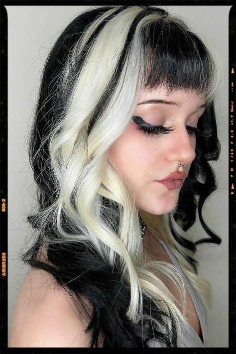 Hair Color Idea - Black and White Hair Black And White Wolfcut, Black And White Hair With Bangs, Long Black And White Hair, Short Black And White Hair, Black Hair White Streak, Black And White Hair Color, Black And White Hairstyles, Black And White Striped Hair, Purple And White Hair