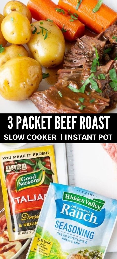 cooked pot roast on top with veggies, and packets of seasoning used to make the recipe 3 Envelope Roast Crockpot, Ultimate Slow Cooker Pot Roast, 3 Packet Slow Cooker Roast, Instant Pot Beef Pot Roast Recipe, Best Beef Roast Instant Pot, Easy Roast In Instant Pot, Need Roast Recipes, Instant Pot 3 Packet Roast Beef, Three Packet Pot Roast Instant Pot