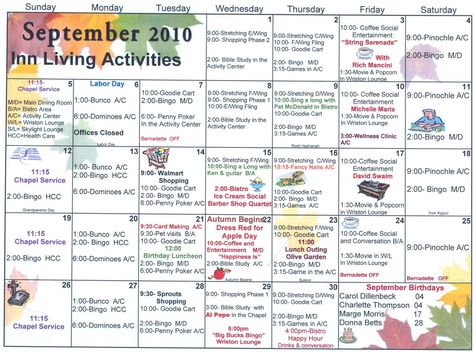 Independent and Assisted Living Activity Calendar   Click on Calendar to Enlarge Assisted Living Activities, Senior Center Activities, Senior Citizen Activities, Memory Care Activities, Senior Assisted Living, Senior Living Activities, September Activities, Nursing Home Activities, Daily Schedule Template