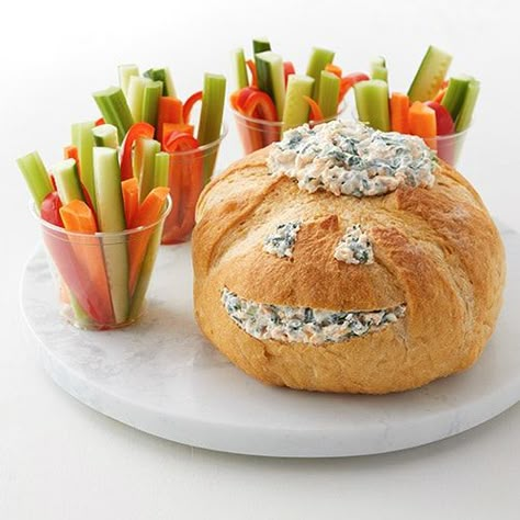 Jack-o'-Lantern Spinach Dip Bread Bowl - Kroger Dip Bread Bowl, Spinach Dip Bread, Spinach Dip Bread Bowl, Bread Bowl Recipe, Halloween Food Appetizers, Halloween Foods, Easy Halloween Food, Halloween Food Treats, Bread Bowl