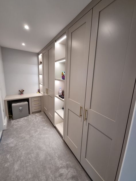 Bespoke Walk In Wardrobe With Display Shelving, Shaker Style Doors, Dressing Table & LED Door Sensor Lighting - Made To Measure Woodwork Ltd Convert Box Room To Walk In Wardrobe, Built In Dressing Room, Small Walk In Closet With Mirror, L Shaped Wardrobe With Dressing Table, Tiny Dressing Room, Bedroom With Built In Wardrobe, Small Walk In Wardrobe Ideas, Walk In Wardrobe Ideas, Built In Wardrobe Ideas