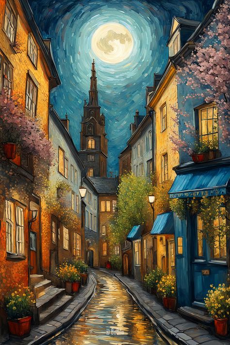 Vintage Spring Cityscapes: Nostalgic Views Cityscape Art Painting, Old City Painting, City Street Painting, Cityscape Paintings, Night Sky Painting, Simpler Times, Famous Paintings, Van Gogh Art, Art Gallery Wallpaper