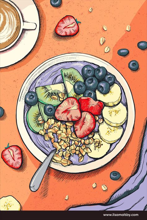 breakfast illustration of a bowl of muesli with fruit Cereal Illustration, Healthy Painting, Healthy Breakfast Cereal, Illustration Breakfast, Healthy Food Activities For Preschool, Breakfast Illustration, Healthy Food Activities, Healthy Food Art, Waitrose Food