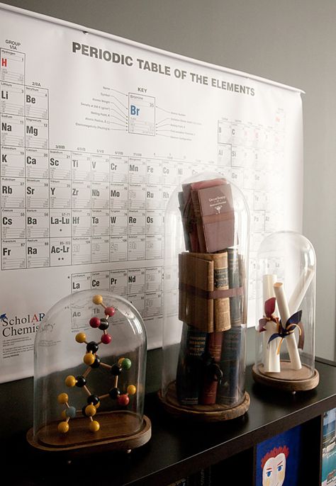 Oversized cloches house little vignettes in a bachelor's apartment.  Easy to replicate as a DIY for the holidays... Cool Chemical Reactions, Science Bedroom, Pharmacy Art, Bachelor Apartments, Science Room, Office Idea, Chemistry Classroom, Science Decor, Classroom Idea