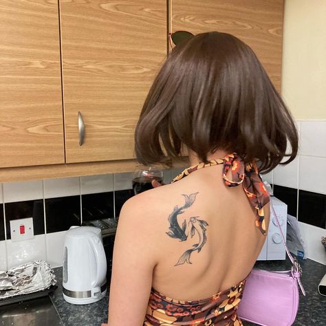 Pisces Best Friend Tattoo, Pisces Tattoo Back Shoulder, Koi Fish Upper Arm Tattoo, Pisces Stomach Tattoo, Studio Ghibli Matching Tattoo Ideas, Pisces Tattoo Koi Fish, Big Pisces Tattoo, Koi Fish Tattoo Placement Ideas, Pisces Tattoo On Back