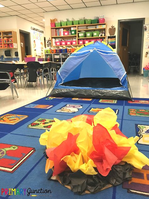 Campfire Day At School, School Camping Theme Ideas, Classroom Campout Day, Camp Read A Lot Decorations, Camp Classroom Transformation, Camping Room Transformation, Camp Classroom, Camping Day At School, Camp Read A Lot