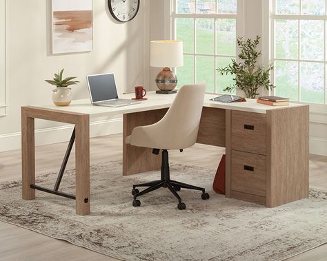 This L-shaped office desk from the Dixon City® collection is a little bit country, with a touch of contemporary, high-end style. The base of this commercial office desk is finished in the rustic, natural tones of Brushed Oak™ with a Pebble White™ accent finish on the desk surface for contrast that provides an elegant glow. This L-shaped desk with drawers has a powder coated metal support frame for a touch of rustic flair. Strong and lightweight panel construction gives a unique look and provides Luxury L Shaped Desk, T Shape Desk Office, Office With Corner Desk, Home Office Executive Desk, L Shaped Desks, Comfy Office, L Shape Desk Office Layout Small Spaces, L Shaped Desk Office Layout, Boho Office Decor