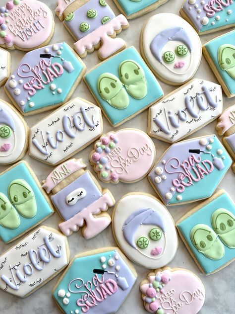 Spa Party Cookies Ideas, Spa Birthday Party Cookies, Spa Day Cookies Decorated, Spa Themed Cookies, Spa Birthday Cookies, Spa Day Cookies, Spa Cookies Decorated, Spa Party Cookies, Slumber Party Cookies