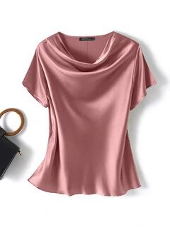 ZANZEA Women Satin Solid Cowl Neck Casual Short Sleeve Blouse Cheap - NewChic Kibbe Essence, Silk Shirts Women, Bob Pendek, Business Blouse, Satin Tops, Soft Dramatic, Clothing Pieces, Blouse Sale, Summer Blouse