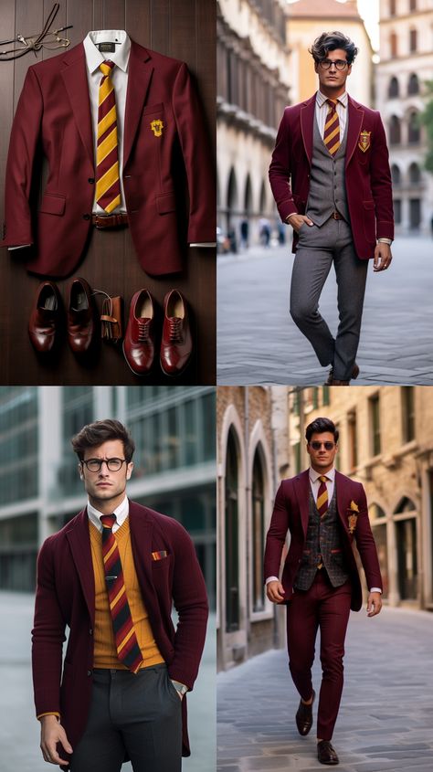 Gryffindor Outfit, Gryffindor Aesthetic, Hogwarts Outfits, Dapper Suits, Stylish Men Casual, Harry Potter Outfits, Mens Fashion Streetwear, Drawing Clothes, Mens Fashion Suits