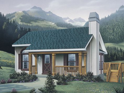 Woodsmill Vacation Cabin Home from houseplansandmore.com Large Porch, Small Cottage House Plans, Small Cottage Homes, Porch House Plans, Cottage Floor Plans, Open Staircase, Cottage Style House Plans, Cabin Floor Plans, Monster House Plans