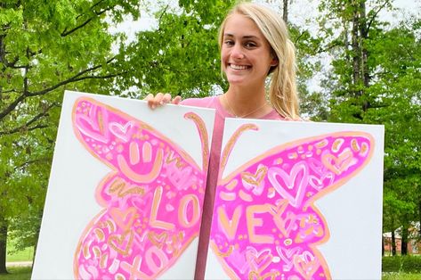 Preppy Butterfly Painting, Pink Preppy Painting, Canvas Butterfly Painting, Pink Butterfly Painting, Preppy Butterfly, College Paintings, Painting Preppy, Preppy Paintings, Preppy Painting