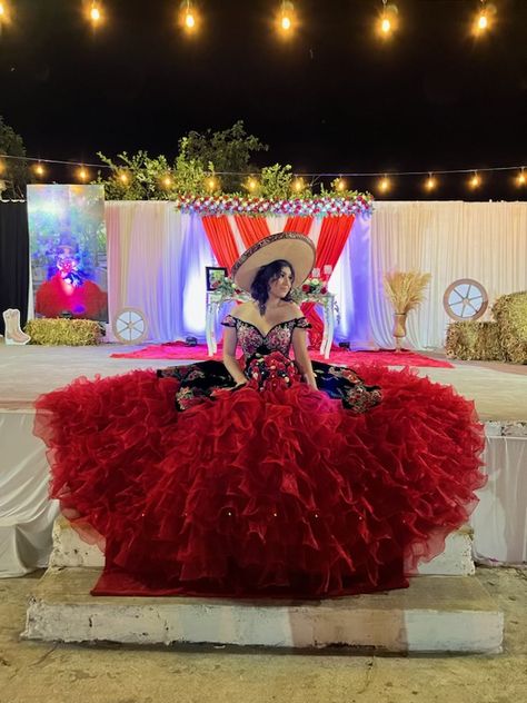 Peruvian Quinceanera, Quince Hairstyles With Charro Hat, Red And Black Charro Quinceanera Theme, Red Charro Quinceanera Theme, Red Charro Quinceanera Dress, Charro Theme Quinceanera, Charra Quinceanera Dresses, Dream Quinceanera, Princess Quinceanera Dresses