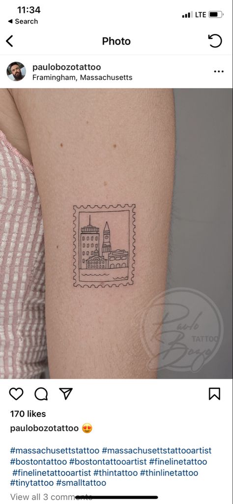 Boston Stamp Tattoo, Boston Inspired Tattoo, Stamp Tattoo Location, Fine Line Frame Tattoo, London Post Stamp Tattoo, England Stamp Tattoo, Chicago Stamp Tattoo, Amsterdam Stamp Tattoo, Tattoos To Get In London