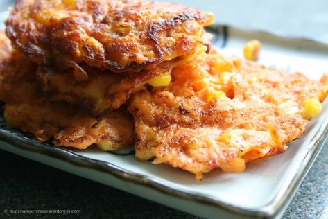 Sweet Potato Fritters with Corn – matchamochi Sweet Potato Corn Fritters, Sweet Potato And Corn Fritters, Potato Corn Fritters, Sweet Potato Fritters, Potato Fritters, Corn Fritters, Party Finger Foods, Breakfast Of Champions, Stuffed Sweet Peppers