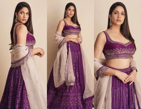 Lavanya Tripathi looks ravishing in a purple chikankari lehenga from Issa Designer Studio! Designer Blouses For Sarees, Latest Silk Saree Blouse Designs, Pattu Blouse Designs, Saree Blouse Embroidery, Bridal Saree Blouse, Shaadi Outfits, Maggam Designs, Chikankari Lehenga, Purple Lehenga