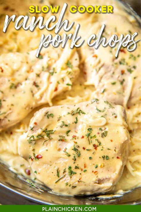 Slow Cooker Ranch Pork Chops - THE BEST pork chops EVER! Everyone cleaned their plate!!! SO tender and full of flavor. Pork chops, Ranch dressing mix, cream cheese, cream of chicken soup and white wine/chicken broth. Serve over angel hair pasta. Make sure to spoon the sauce out of the slow cooker - it is SO good! Boneless Pork Chop Recipes Crockpot Slow Cooker Cream Of Chicken, Best Slow Cooker Pork Chops, Porkchop Crockpot Recipes Slow Cooker, Crockpot Pork Chop Recipes, Ranch Chops, Slow Cooker Ranch Pork Chops, Recipe With Cream Of Chicken, Crock Pot Ranch Pork Chops, Pork Chops Rice