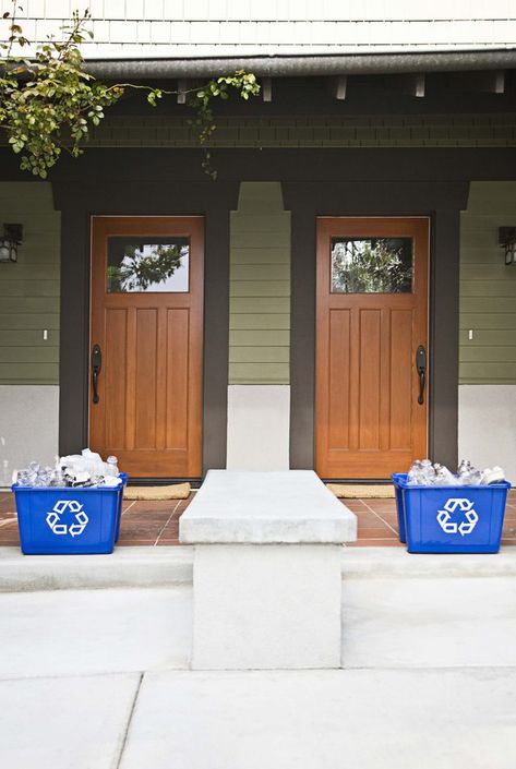 Combine dark greens and soft browns with sage green to create an overall earthy color scheme. Sage Green House Exterior, Door Refinishing, Sage Green House, Outdoor Staircase, Green House Exterior, Green Siding, Dark Trim, Fiberglass Entry Doors, Exterior House Color